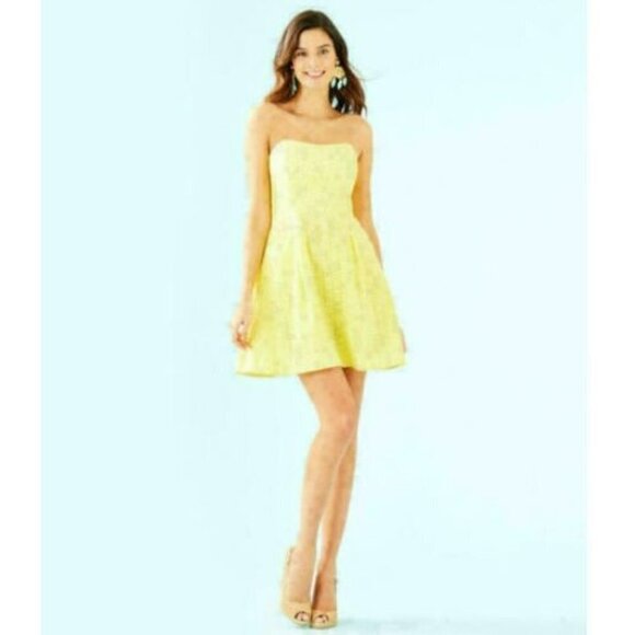 Lilly Pulitzer Yellow Pineapple Juice Flower Eyelet Blossom‎ Straples Dress Sz 2 - Picture 2 of 12